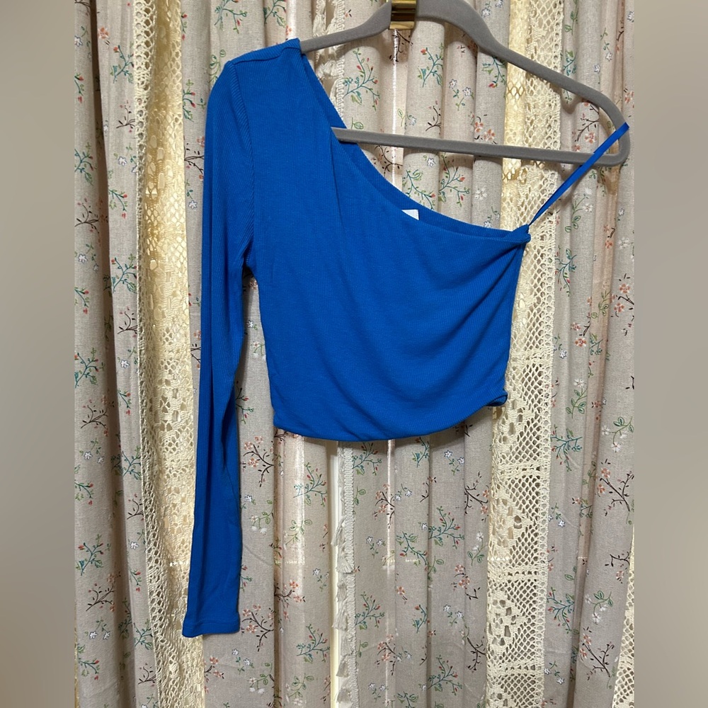 Superdown One Shoulder Blue Ribbed Crop Top XS Revolve